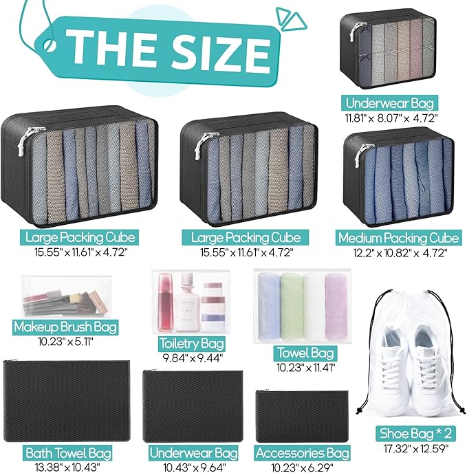 ALL INCLUDED - 12 Set Packing Cubes for Suitcases Carry On, Travel Essentials/Accessories Luggage Organizer Bags Set, Include