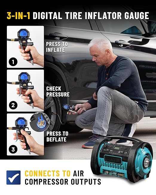 Digital Tire Pressure Gauge with Inflator (3-200 PSI), Heavy Duty Air Chuck and Compressor Accessories with Swivel Air Chuck, Longer Hose, Large Display (0.1 Res)