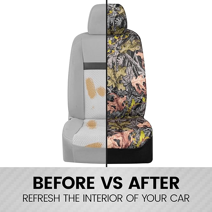 BDK Camo Car, Full Set – Realistic Green Forest Camouflage Automotive Front & Bench Back Seat Cover, Camoflauge Interior Prot