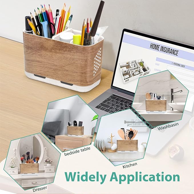 Boperzi Toothbrush and Toothpaste Holder Wood Grain for Bathroom Countertop with Adjustable Dividers, Toothpaste Caddy Organi