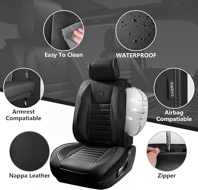 CAR PASS Nappa Leather Car Seat Covers Full Set, Luxury Seat Protector for Cars, Waterproof Anti-Slip Car Seat Cushion Armres