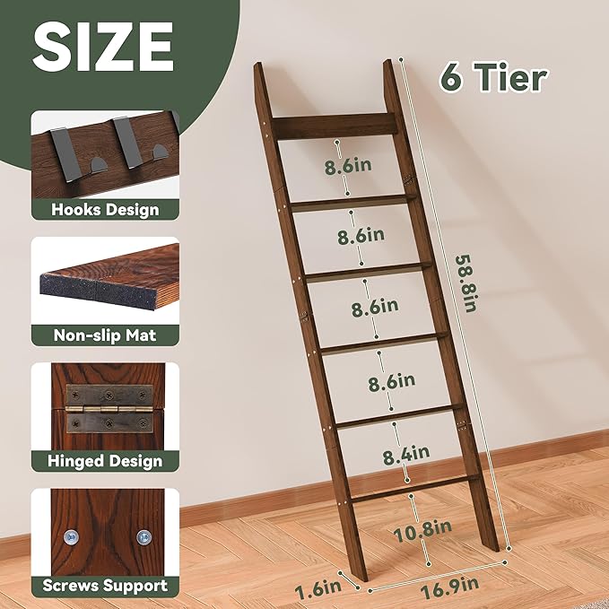 6-Tier Blanket Ladder for Living Room, 5.6FT Pine Wood Quilt Rack with 4 Anti-Slip Straps and 4 Removable Hooks, Lightweight,