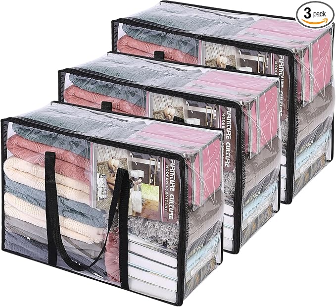 Vieshful 3 Pack Clear Clothes Storage Bag, 40L Plastic Blanket Storage Bag with Zipper, Foldable Closet Organizer, Moving bag