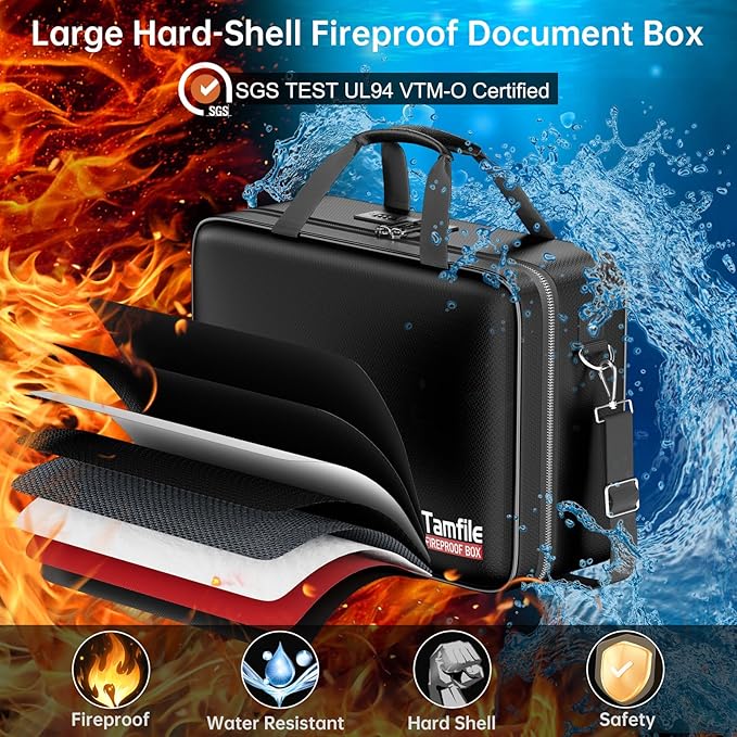 Tamfile Fireproof Document Box with Lock, Hard Case Fireproof Water Resistant File Organizer with 24 Colorful Pockets, Fire S