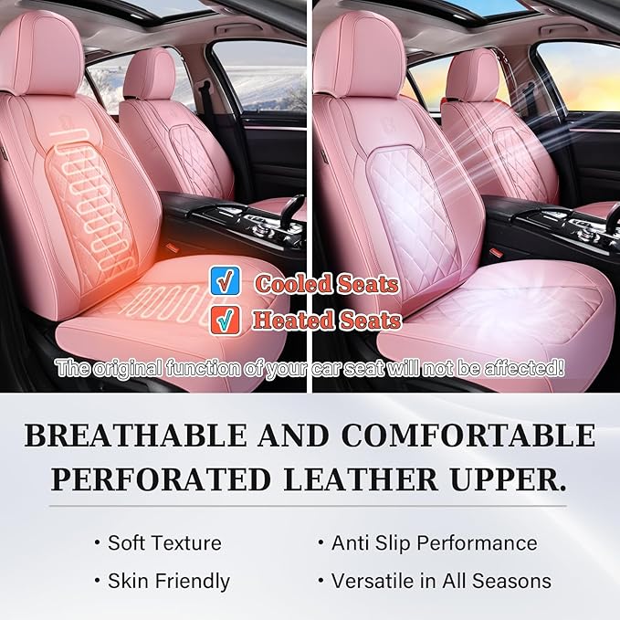 Coverado Car Seat Covers Full Set, Pink Leather Seat Covers for Cars, Universal Waterproof Car Seat Cover, Luxury Front and B