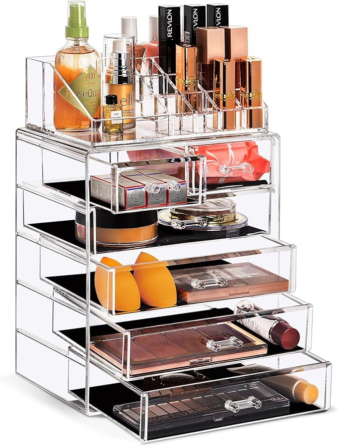 Sorbus Acrylic Makeup Organizer Set, 6-Drawer Vanity & Countertop Cosmetic Storage with Small & Wide Compartments, Clear Make