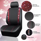 CAR PASS Leather Bling Diamond Car Seat Covers 2 Front Interior Sets, Waterproof Universal Shining Glitter Crystal Sparkle Fit for 95% Automotive Truck SUV Cute Women Girl, Black Red Rhinestone