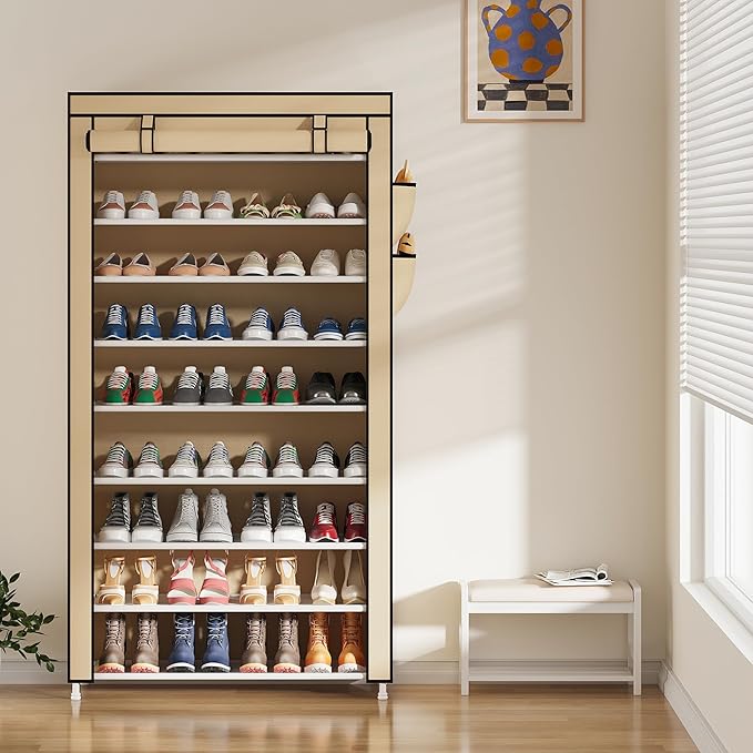 Laiensia 9-Tier Shoe Rack ，Space Saving Shoe Storage Organizer Non-Woven Cover Shoe Shelf Holds 36-45 Pairs for Bedroom, Hall