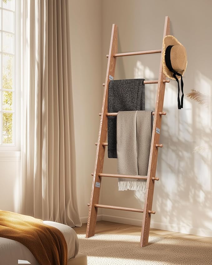 TEAKMAMA 6-Tier Blanket Ladder with Hanging Knobs,5.5 Ft Wall Leaning Blanket Ladders for Living Room Bedroom,Rustic Decorati