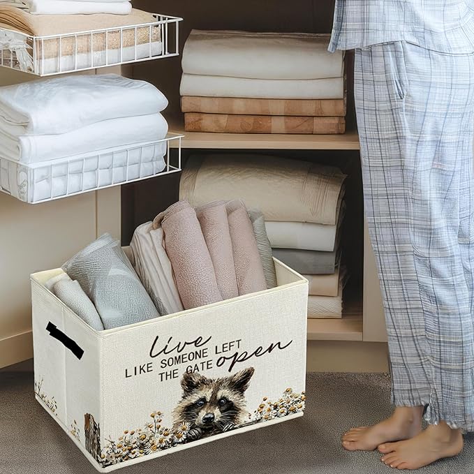 Rustic Raccoon Storage Bins & Boxes with Handles, Farmhouse Raccoon Foldable Basket for Organizing, Live Like Someone Left th