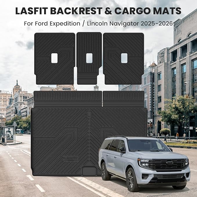 LASFIT Floor Mat with Backrest Mat Ford Expedition Max & Lincoln Navigator L 2025 2026(fit 7 and 8 Seats),Costom Fit All Weather Protection TPE Easy Clean Cargo Liners,4pcs,Black