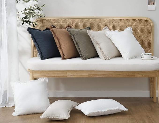 Foindtower Set of 2 Decorative Linen Fringe Throw Pillow Covers Boho Farmhouse Cushion Cover with Tassels Accent Pillowcase f