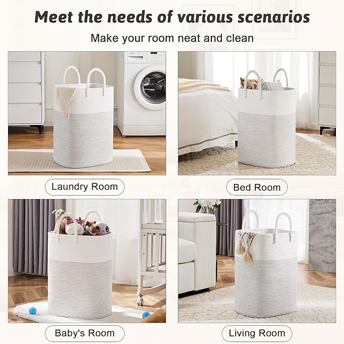 Laundry Basket,Woven Cotton Rope Laundry Hamper,Versatile Storage for Dirty Clothes,Baby Toys,and Blankets in Bathroom, Nurse