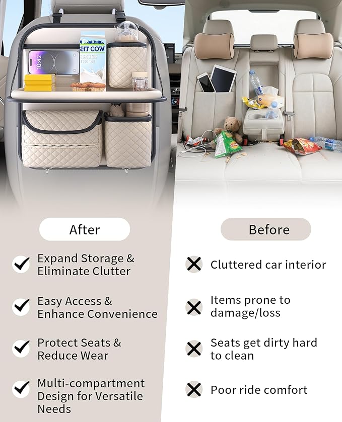 Car Seat Organizer, Backseat Organizer with Foldable Table Tray & Cup Holder, Leather Car Storage for Kids, Women & Mobile Makeup Station, Road Trip Essentials for SUV, Truck, Car (Beige)