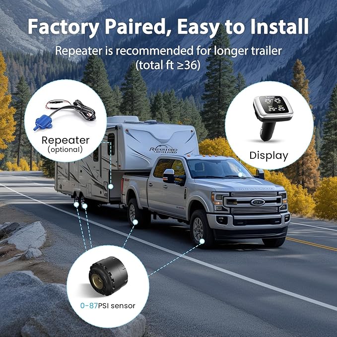 Tymate TM7 Tire Pressure Monitoring System, Wireless TPMS with 4 External Sensors & 6 Alarm Modes, Colorful Display, Real-time Tire Pressure Monitor System, Ideal for RV SUV MPV Truck Sedan(0-144 PSI)