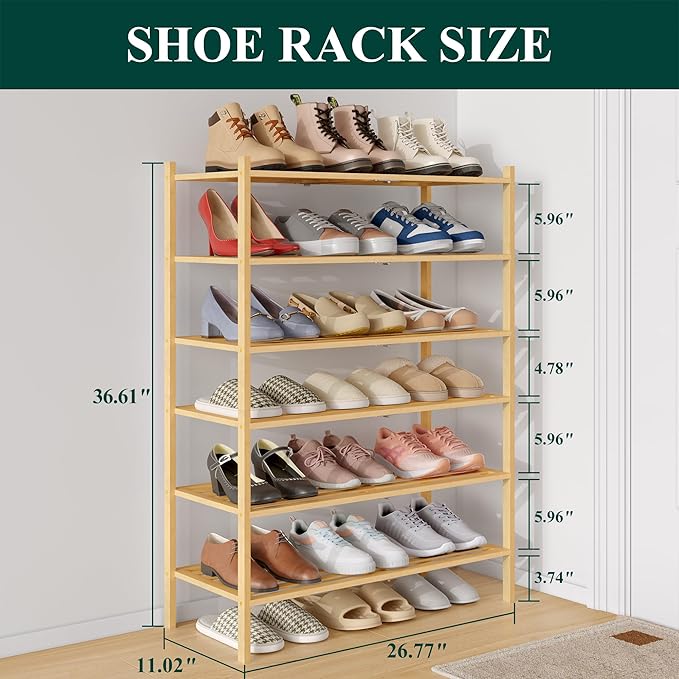 Smiry Bamboo Shoe Rack 6-Tier, Stackable Wooden Shoe Organizer for Entryway & Closet, Free Standing Wood Shoe Storage Shelf f