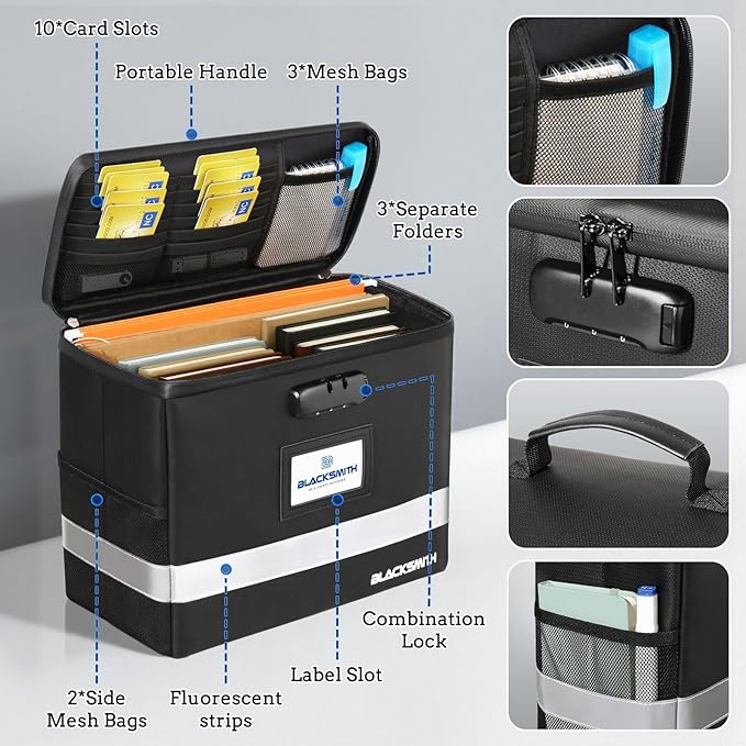 BlackSmith Fireproof Document Box With Lock, 4200°F Heat Resistant & IPX3 Waterproof Document Bag with Hanging File Organizer