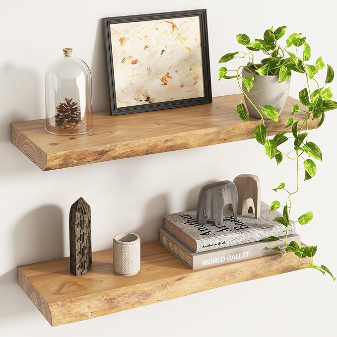 Live Edge Elm Floating Shelves for Wall Decor, Rustic Solid Wood Shevles Wall Mounted with Invisible Bracket for Living Room 