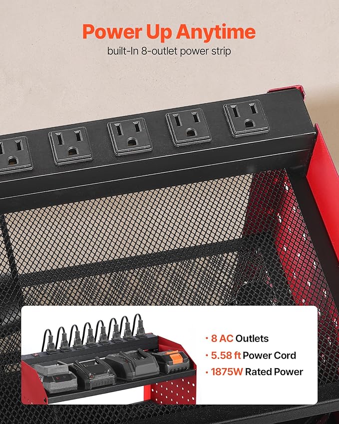 VEVOR Power Tool Organizer with Charging Station, 3-Layer Drill Storage Rack with 4 Drill Holders & Side Pegboard, Garage Too