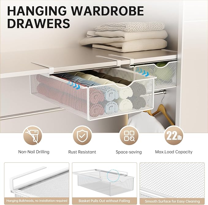 2 Pack Closet Pull-Out Baskets Bra Underwear and Sock Organizer for Drawer Women College Dorm Room Essentials (White)