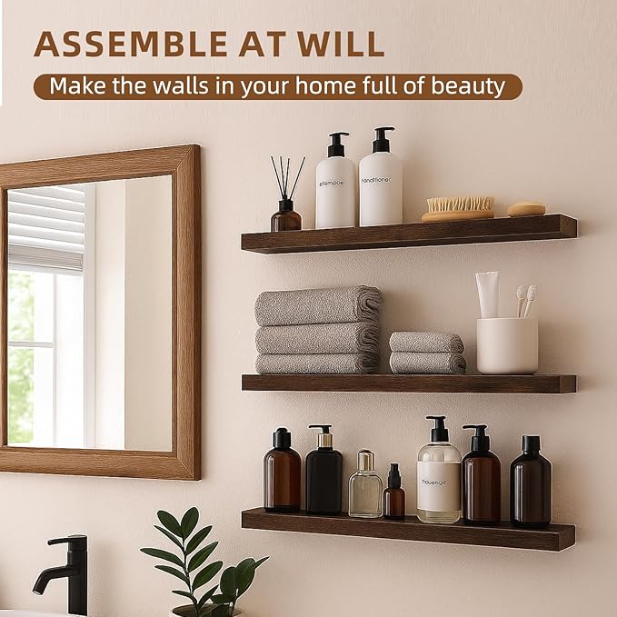 Floating Shelves for Wall, 23.6 inch Long Set of 3 Wood Rustic Wall Mounted Shelves, Display Shelf with Invisible Heavy, Larg