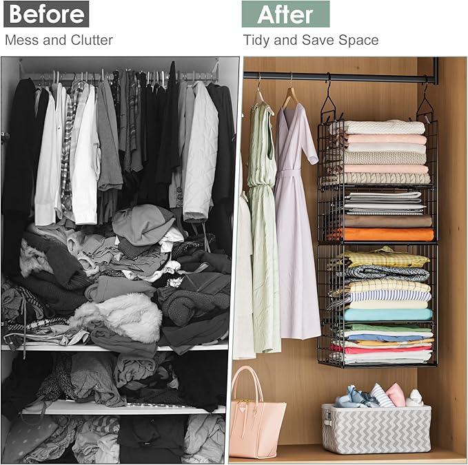 6-Tier Closet Hanging Organizer Shelves, Hanging Closet Organizer and Storage Bin with Adjustable Dividers, Metal & Foldable 