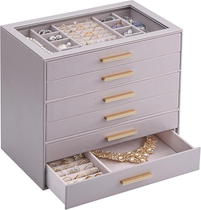 Lolalet Jewelry Box Organizer, 6-Layer Jewelry Organizers and Storage Case with Glass Lid, Ring Earring Bracelet Necklace Hol
