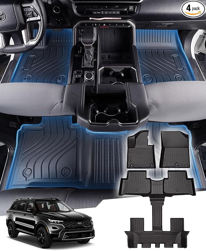 Sunsdrew Floor Mats for 2021-2025 2026 Kia Sorento Accessories (6/7 Seat, Not for Hybrid), All Weather Car Mats Front Rear 3 Rows Floor Liners TPE Rubber Raised Edge