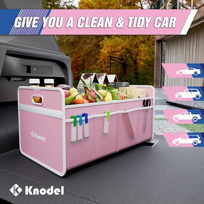K KNODEL Car Trunk Organizer, Foldable Organizer for Car, Automotive Consoles & Organizers, Storage with Reinforced Handles (Small, Pink)