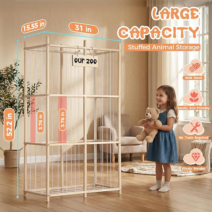 LAMU Stuffed Animal Storage, Wooden Zoo Stuffed Animal Holder with Elastic Cords, Space Save Plush Toy Cage, Double Capacity 