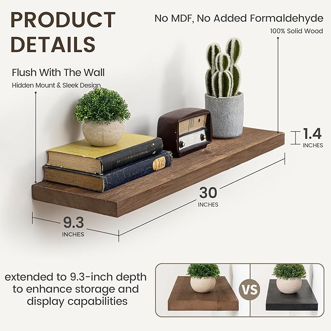 Marsmiles 30 Inch Floating Shelves | 9.3 Inch Deep Dark Wood Wall Shelves Set of 2 | Rustic Reclaimed Wood Shelves for Room W