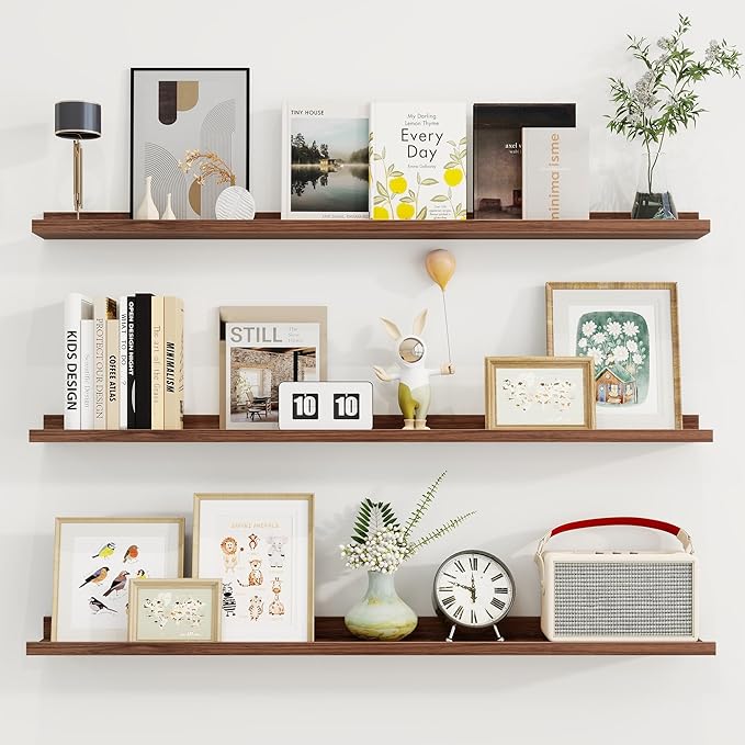 Axeman 48 Inch Floating Shelves | Walnut Picture Ledge Shelf Set of 3 | Rustic Wood Wall Shelves with Lip | 48" Walnut Pictur