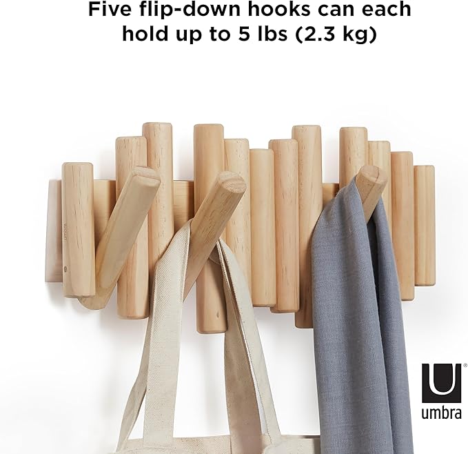 Umbra Picket Wall-Mounted Coat Rack Rail Hook with 5 Retractable Wood Pegs – Modern, Space-Saving Storage Organizer, Natural 