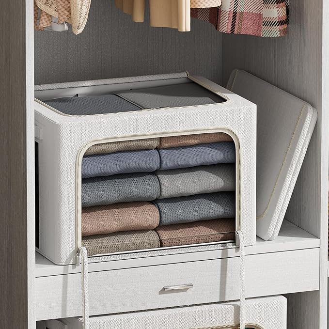 FHSQX 6 Pack Clothes Storage Bins with Metal Frame Foldable Storage Bins for Clothes Linen Fabric Storage Box with Clear Wind