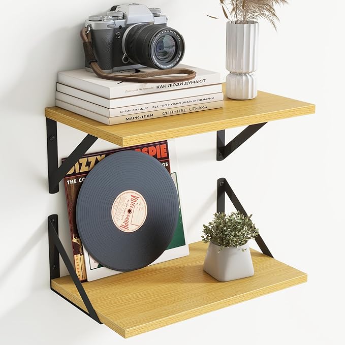 8" Deep Floating Shelves for Wall,16 inch Wood Wall Shelves Set of 2,Wide Floating Bookshelf with Sturdy Metal Brackets,Hangi