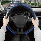 Road Comforts Leather Steering Wheel Cover – Black & Blue, Universal Fit 14.5-15 Inch, Microfiber Leather, Anti-Slip & Breath