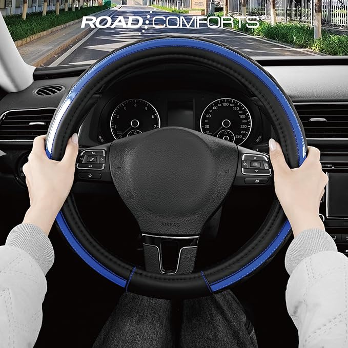Road Comforts Leather Steering Wheel Cover – Black & Blue, Universal Fit 14.5-15 Inch, Microfiber Leather, Anti-Slip & Breath