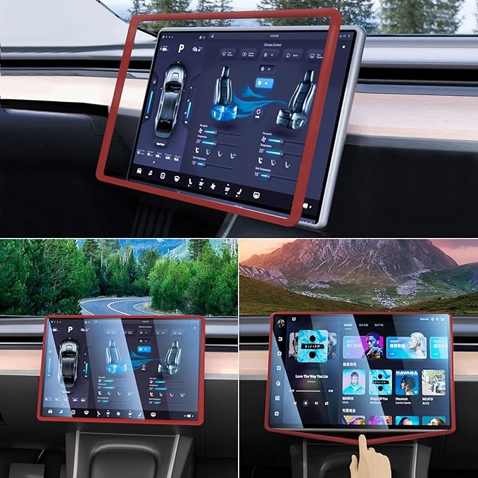 2PCS Protector Trim Frame Compatible with Tesla Model 3 Y 2019-2024 2025 Screen Edge Frame Rearview Mirror Cover Interior Silicone Decorations Center Console Decor Highland Juniper Accessories (Red)