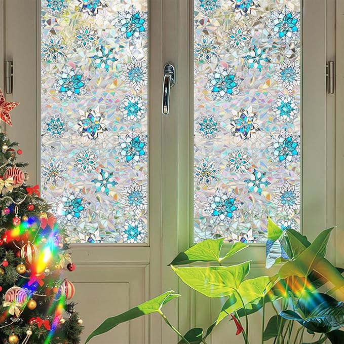 Niviy Christmas Window Clings, Stained Glass Window Film for Xmas Decals Holiday Snowflake Christmas Home Office Decorations for Indoor Outdoor (16.93 x 39.37inch)