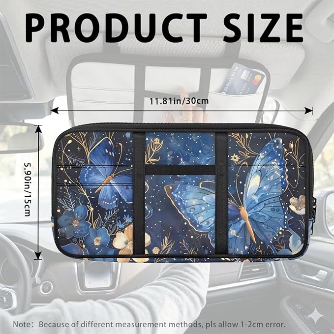 Butterfly Car Visor Organizer for Women Car Visor Storage Pouch Holder Auto Interior Accessories Pocket Cars Truck SUV Storage Pouch Holder, with Multi-Pocket and Zipper