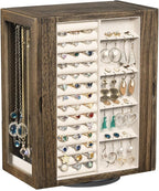 Emfogo 360° Rotating Jewelry Box for Women, Rustic Wooden Jewelry Organizer Box with 5 Drawers, Glass Doors, Vertical Open De