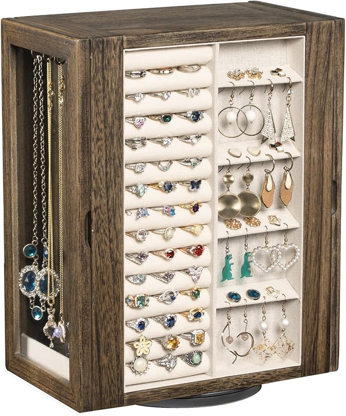 Emfogo 360° Rotating Jewelry Box for Women, Rustic Wooden Jewelry Organizer Box with 5 Drawers, Glass Doors, Vertical Open De