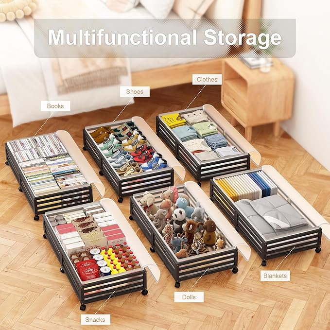 Under Bed Storage Containers With Wheels - 2 Pcs Large Bamboo Wood Rolling Underbed Shoe Storage Bins With Dust Bags for Clot