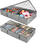 2-Pack Under Bed Toy Storage Boxes, Grey Toy Organizer with Clear PVC Lid, Foldable Under Couch Storage Bins (31.8×16×5.9in),