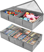 2-Pack Under Bed Toy Storage Boxes, Grey Toy Organizer with Clear PVC Lid, Foldable Under Couch Storage Bins (31.8×16×5.9in),