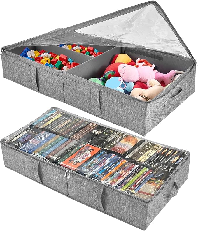 2-Pack Under Bed Toy Storage Boxes, Grey Toy Organizer with Clear PVC Lid, Foldable Under Couch Storage Bins (31.8×16×5.9in),