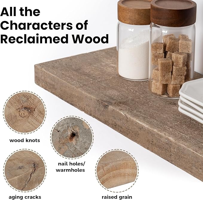 Floating Shelves | 8" Deep Rustic Reclaimed Barnwood Wall Hanging Shelves with Invisible Heavy-Duty Metal Bracket | Wall Moun