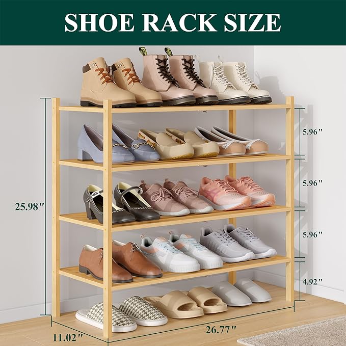 Smiry Bamboo Shoe Rack 4-Tier, Stackable Wooden Shoe Organizer for Entryway & Closet, Free Standing Wood Shoe Storage Shelf f
