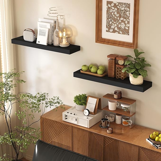 BAMEOS Bamboo Floating Shelves Wall Mounted Wooden Shelves with Invisible Brackets Set of 2, Hanging Wall Decor for Bedroom, 