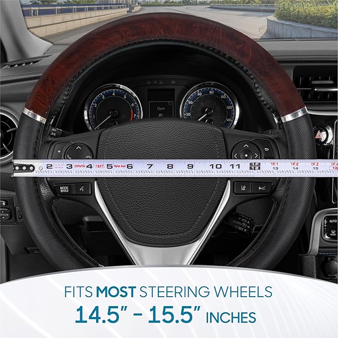 BDK Dark Wood Grain Car Steering Wheel Cover, Standard 15 inch with Black Faux Leather Grip, Made to Fit Most Auto Truck Van 